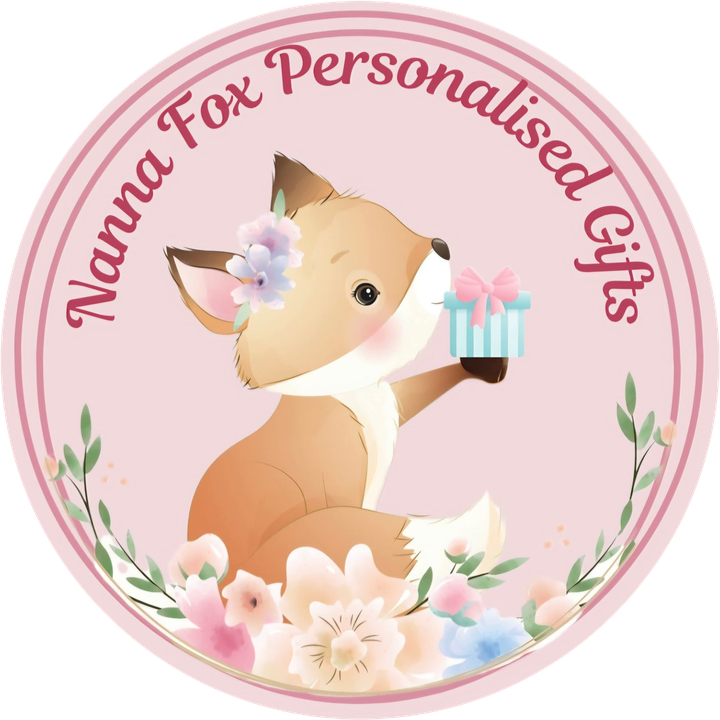 Nanna Fox Personalised Gifts logo: a fox holding a gift among flowers