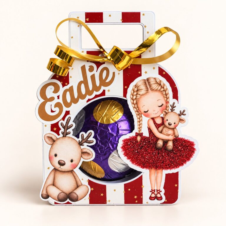 Personalised Christmas chocolate orb gift box with a red striped design, a reindeer, a girl holding a teddy and the name Eadie