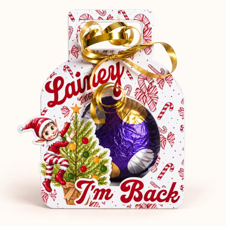 Personalised Elf I'm Back chocolate orb gift box with a candy cane design, a Christmas tree, an elf and the name Lainey