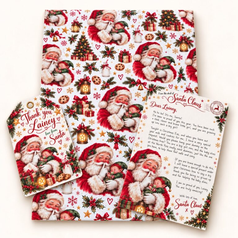 Personalised letter from Santa and a thank-you gift tag for Lainey on traditional Santa wrapping paper