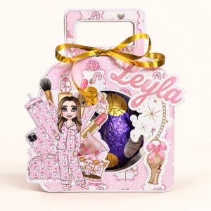 Personalised chocolate orb gift box with a pink pamper and make-up design and the name Leyla