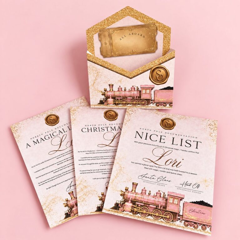 Personalised Nice List and Christmas certificates from Santa for Lori with a golden ticket in a glitter envelope